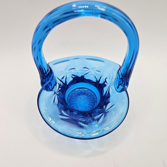 Fenton Glass Blue Mini Basket 4.5 H Wildrose Bowknot Ribbed Handle - Picture 8 of 11